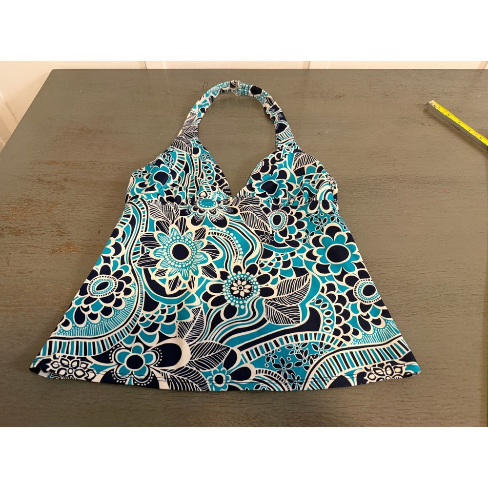 Islander Blue Floral Paisley Halter Tankini Swim Top V-Neck Size 8